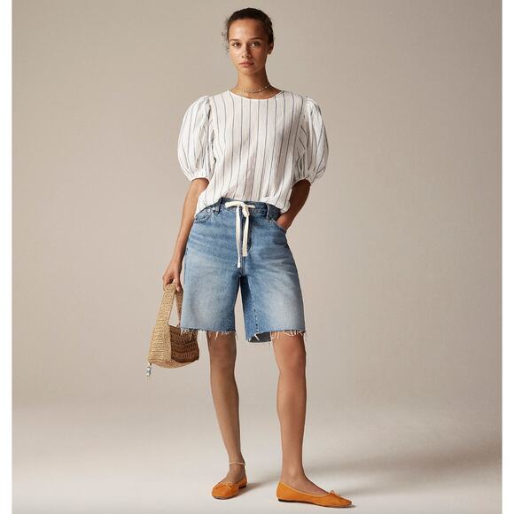 J.Crew Puff Sleeve Top Sheer Gauze Cotton Striped Lightweight Ivory XL NWT - Picture 2 of 13